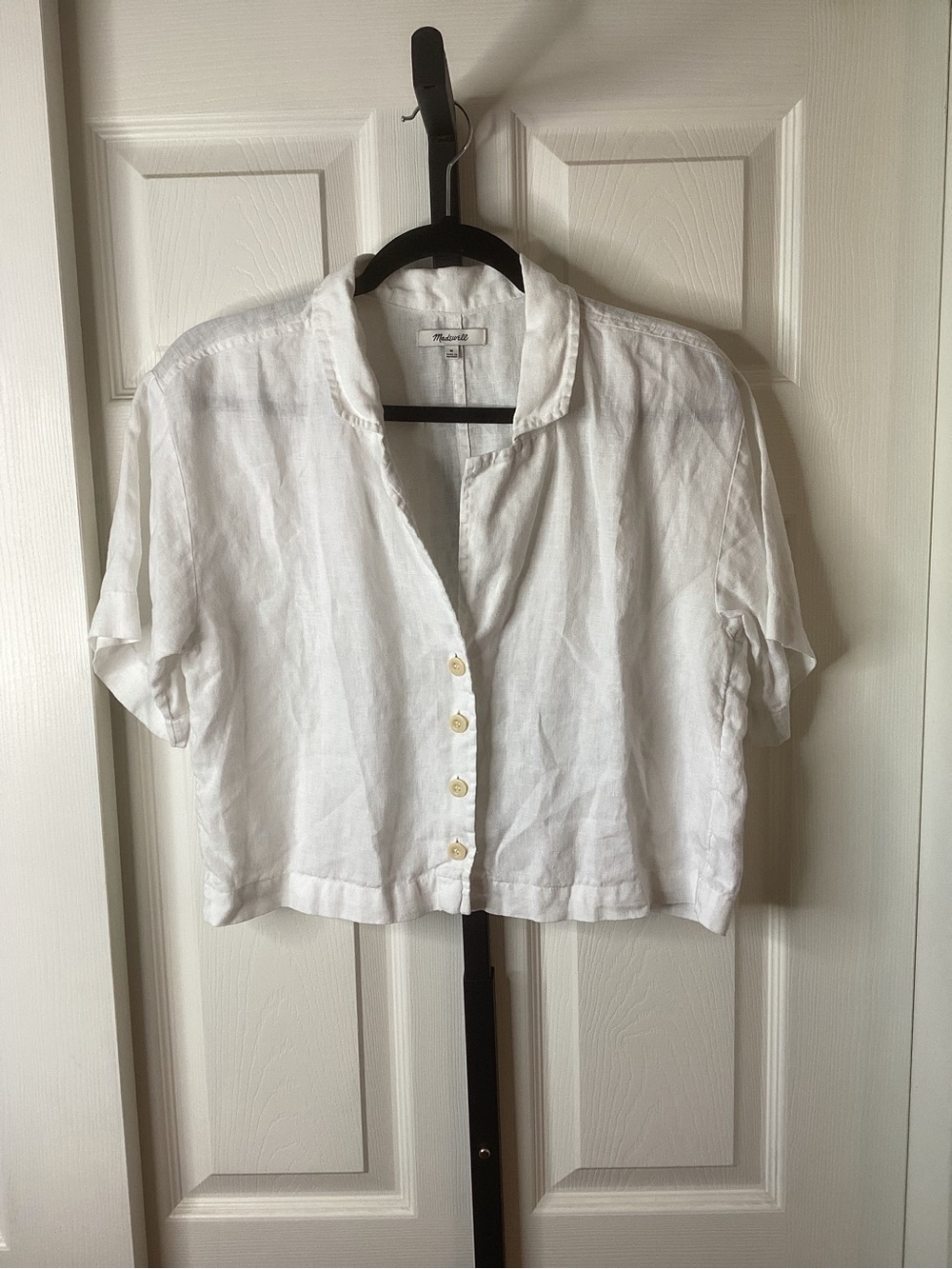Madewell White Linen Button-Front Short Sleeve Top, size Medium